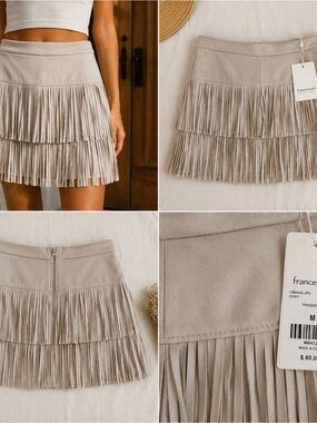 Francesca's Collections Ivory Tiered Fringe Mini Skirt - Suede Look